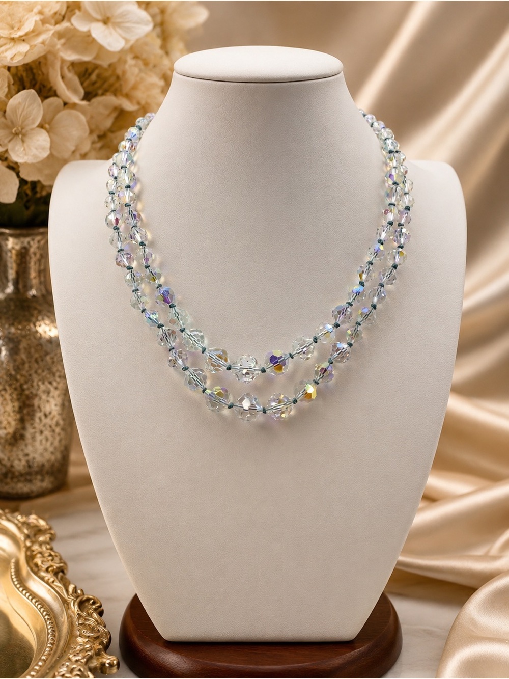 Crystal 16 inch double strand hand knotted Aprilsplace silver chicken